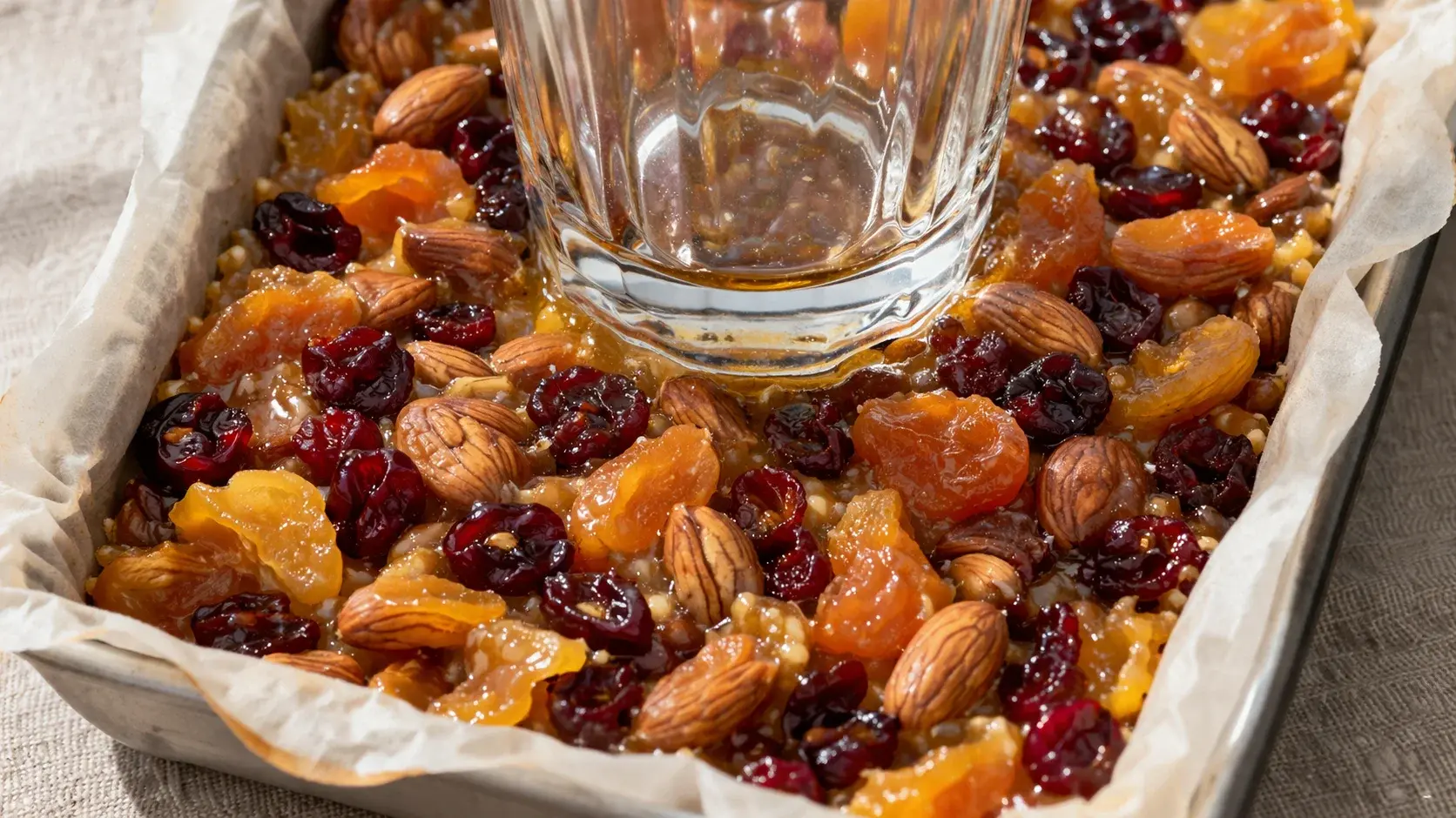 Fond de verre comprimant fermement la masse de fruits secs et miel dans un plat rectangulaire tapissé de papier cuisson, noix, amandes et abricots colorés bien visibles dans la masse dorée