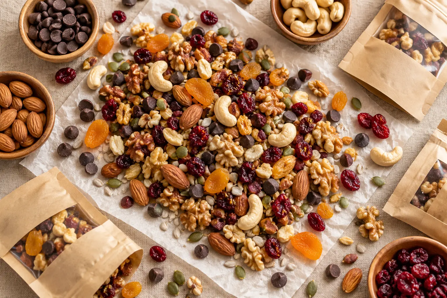 Poignée de trail mix protéiné noix et fruits secs vue de dessus