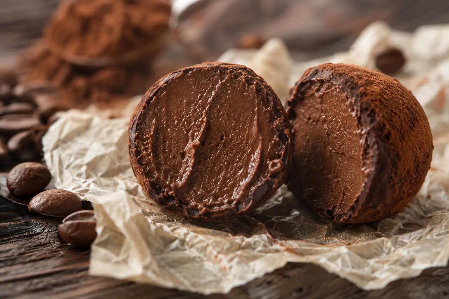 Truffe café-chocolat protéinée coupée en deux révélant son cœur fondant