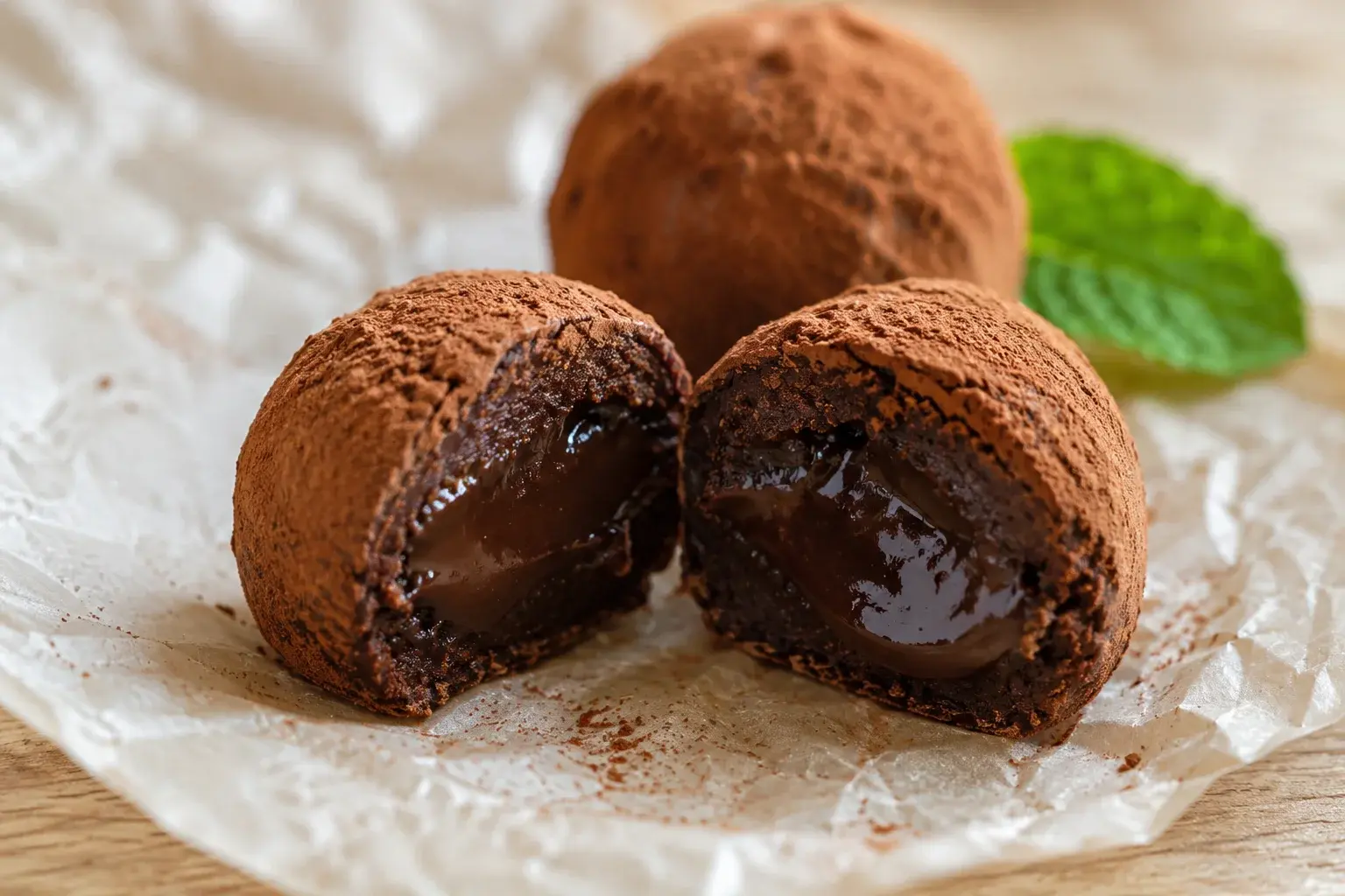 Truffe chocolat-menthe protéinée coupée en deux montrant le cœur fondant