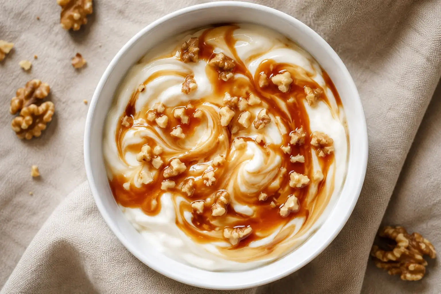 Vue rapprochée du yaourt protéiné caramel montrant sa texture crémeuse et ses couches de sauce caramel