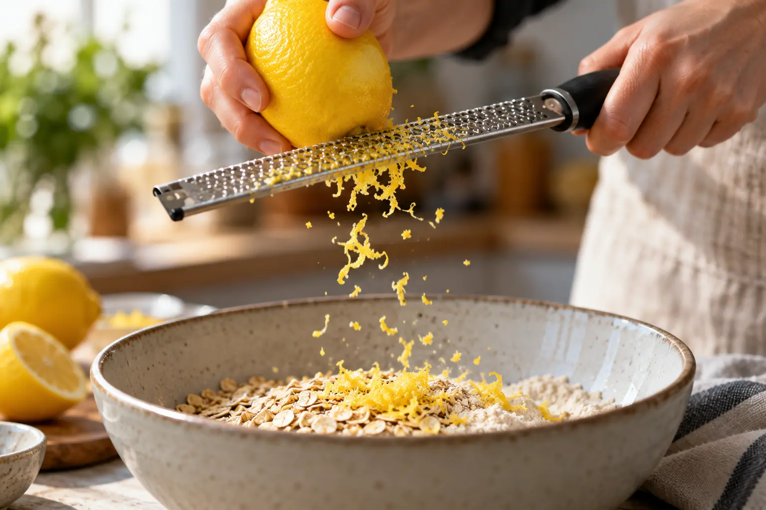 Main zestant un citron au-dessus du saladier de préparation