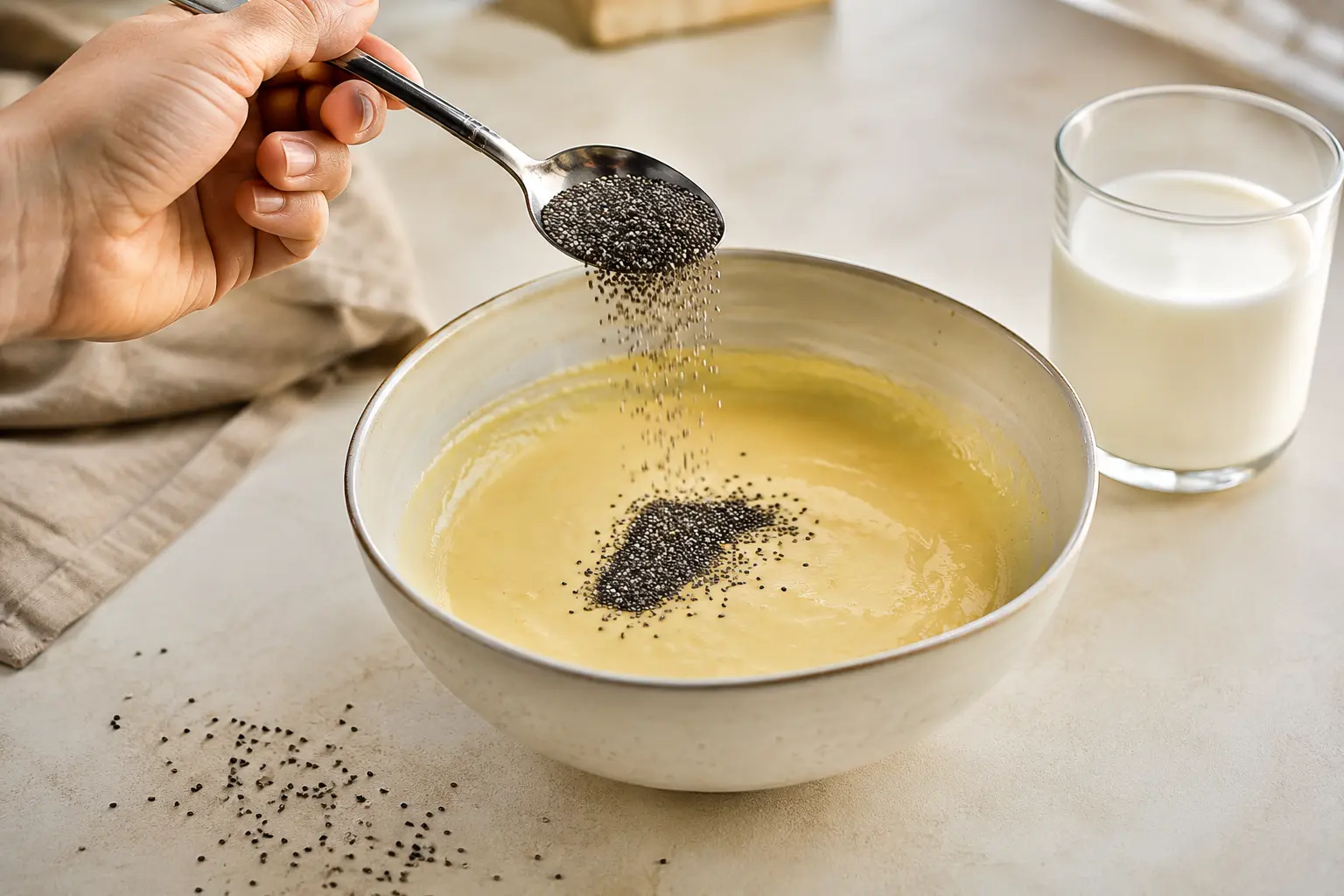 Graines de chia versées dans le mélange banane-fromage blanc avec le lait
