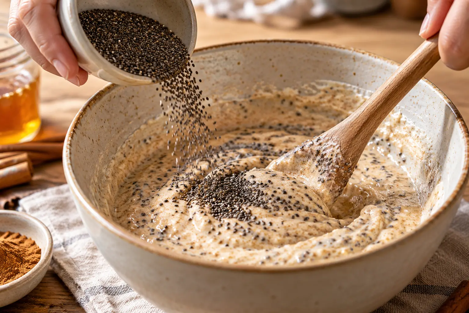 Graines de chia versées dans le mélange épicé et remuées à la cuillère