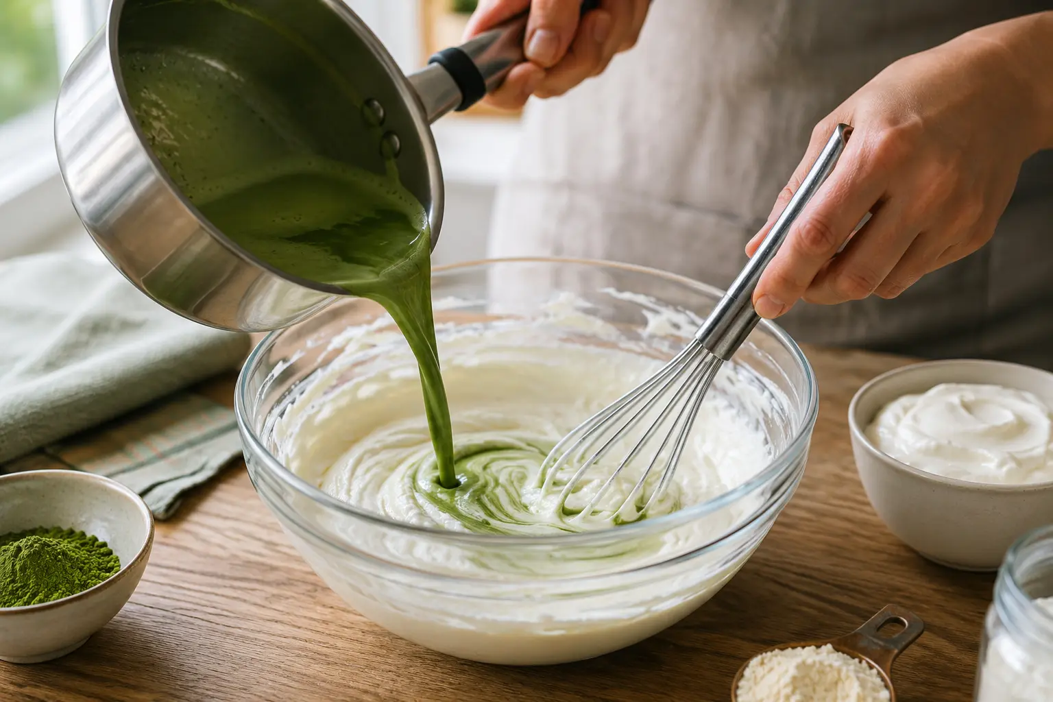 Mélange du yaourt grec et de la whey avec la préparation au matcha dans un saladier