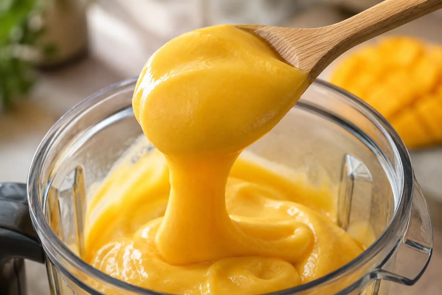 Cuillère soulevant le frozen yogurt mangue pour montrer sa texture onctueuse
