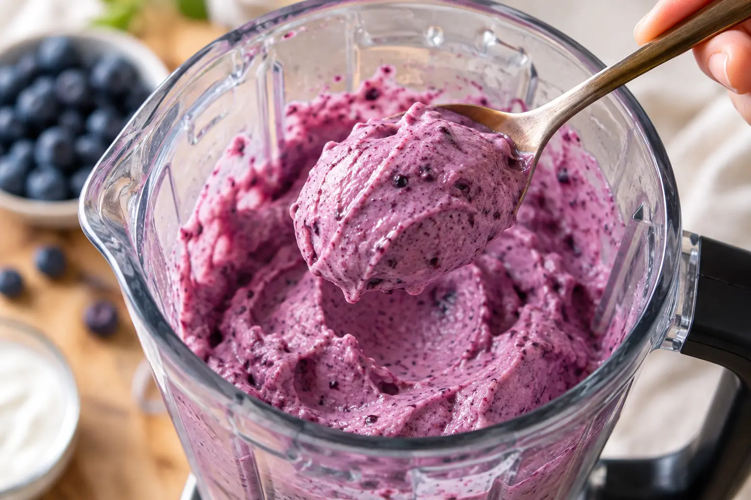 Mélange violet crémeux de frozen yogurt myrtille dans le bol du mixeur