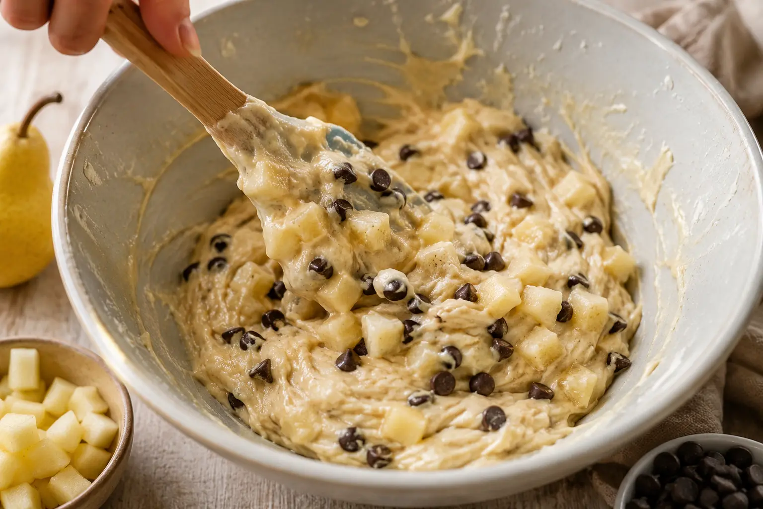 Spatule incorporant les dés de poire et les pépites de chocolat dans la pâte à muffins