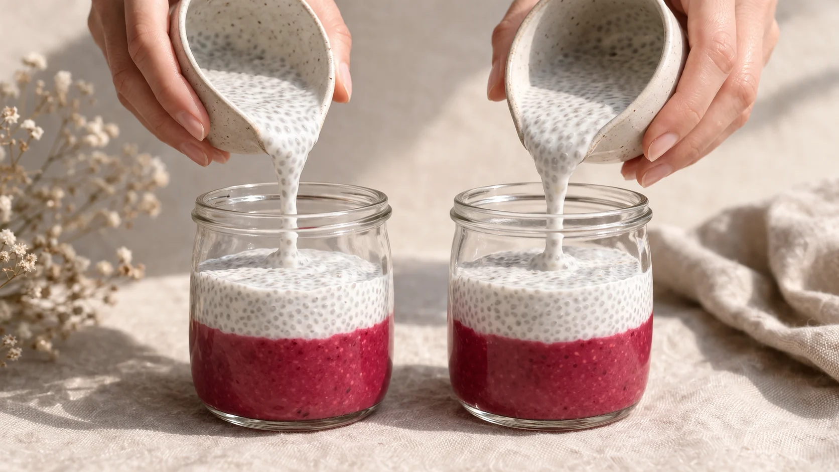 Deux bocaux en verre avec le coulis de framboises rose au fond, base chia blanche en cours de versage par-dessus pour former des couches distinctes, fond lin beige