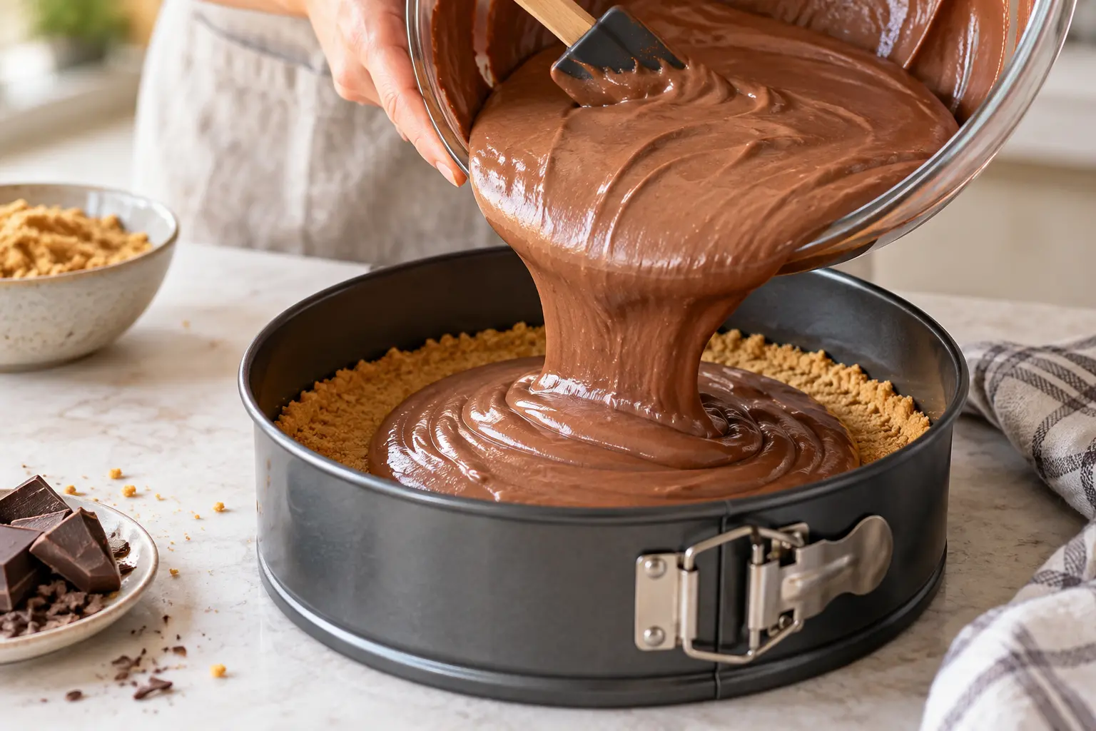 Garniture chocolat versée sur la base biscuitée dans le moule
