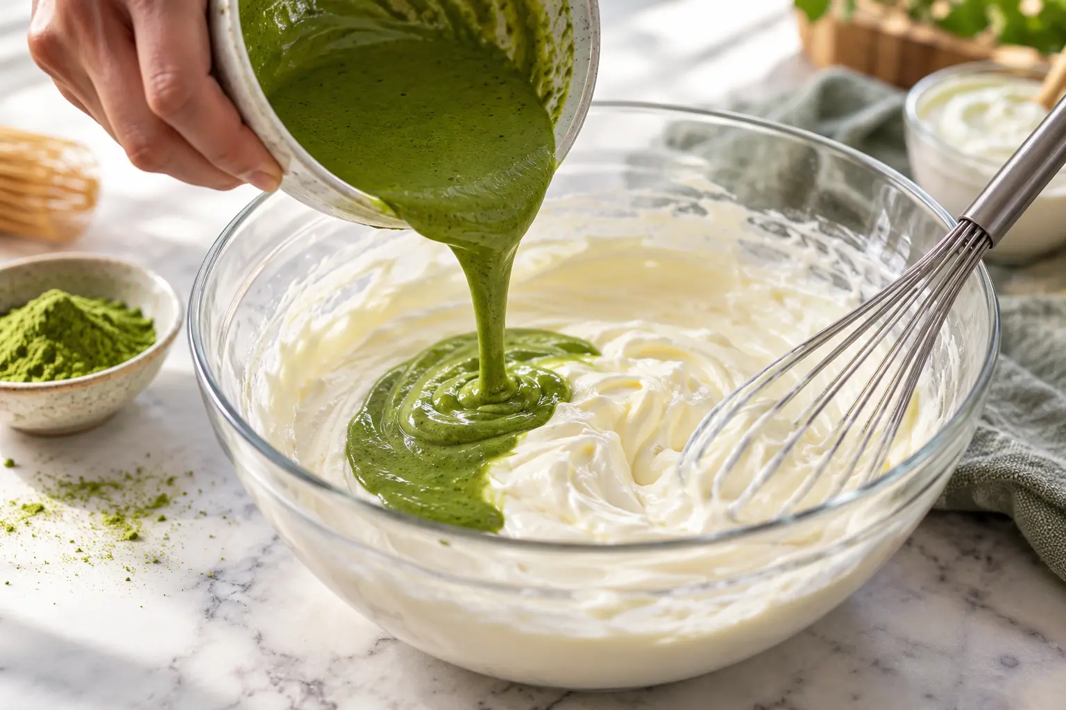 Pâte de matcha versée dans le saladier de crème protéinée au fromage blanc