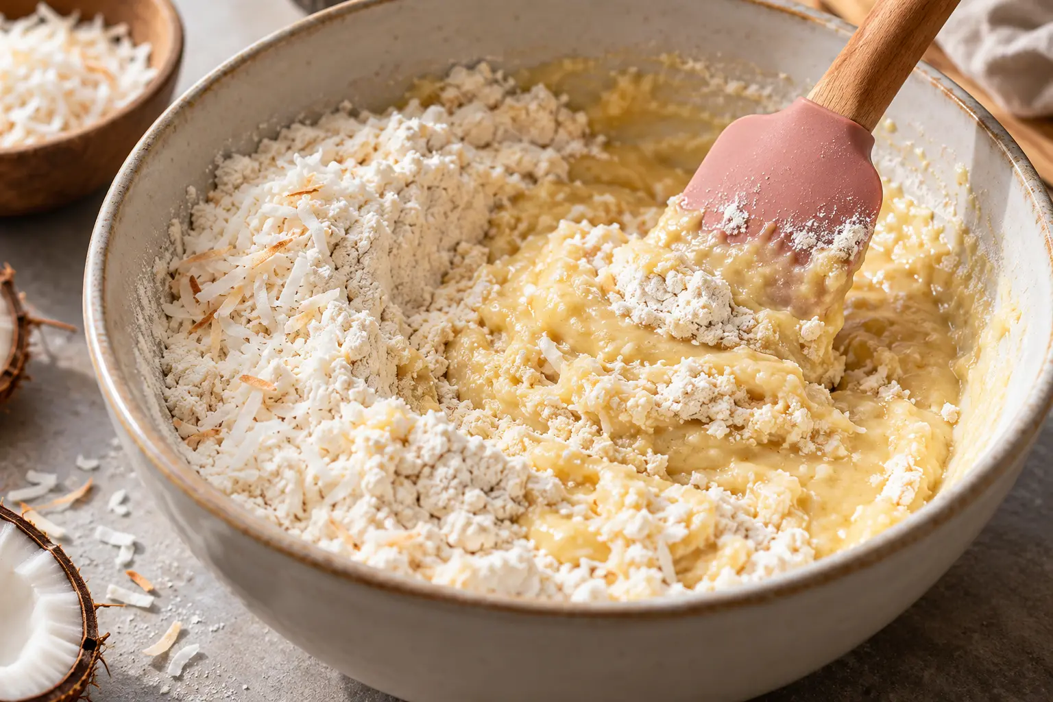 Spatule incorporant le mélange humide dans les ingrédients secs