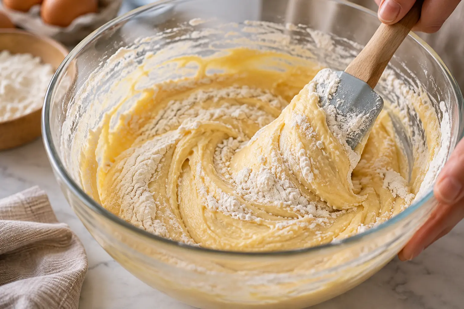 Spatule incorporant la farine dans la pâte du quatre-quarts protéiné