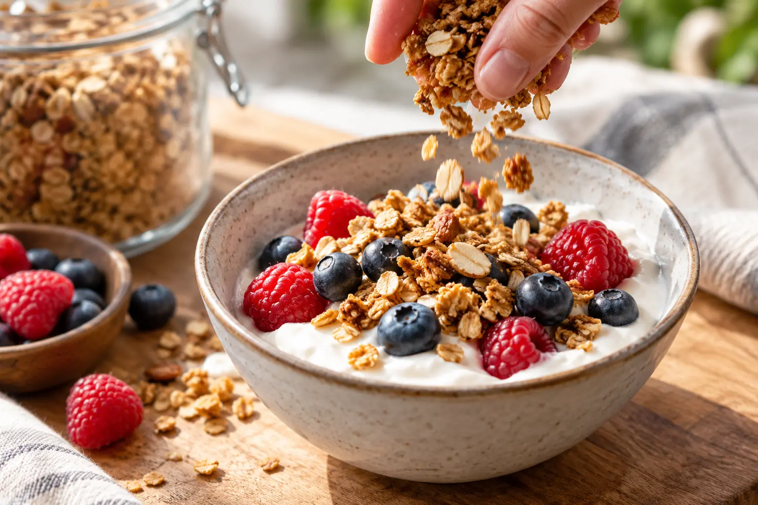 Assemblage du yaourt grec avec fruits rouges et granola dans un bol