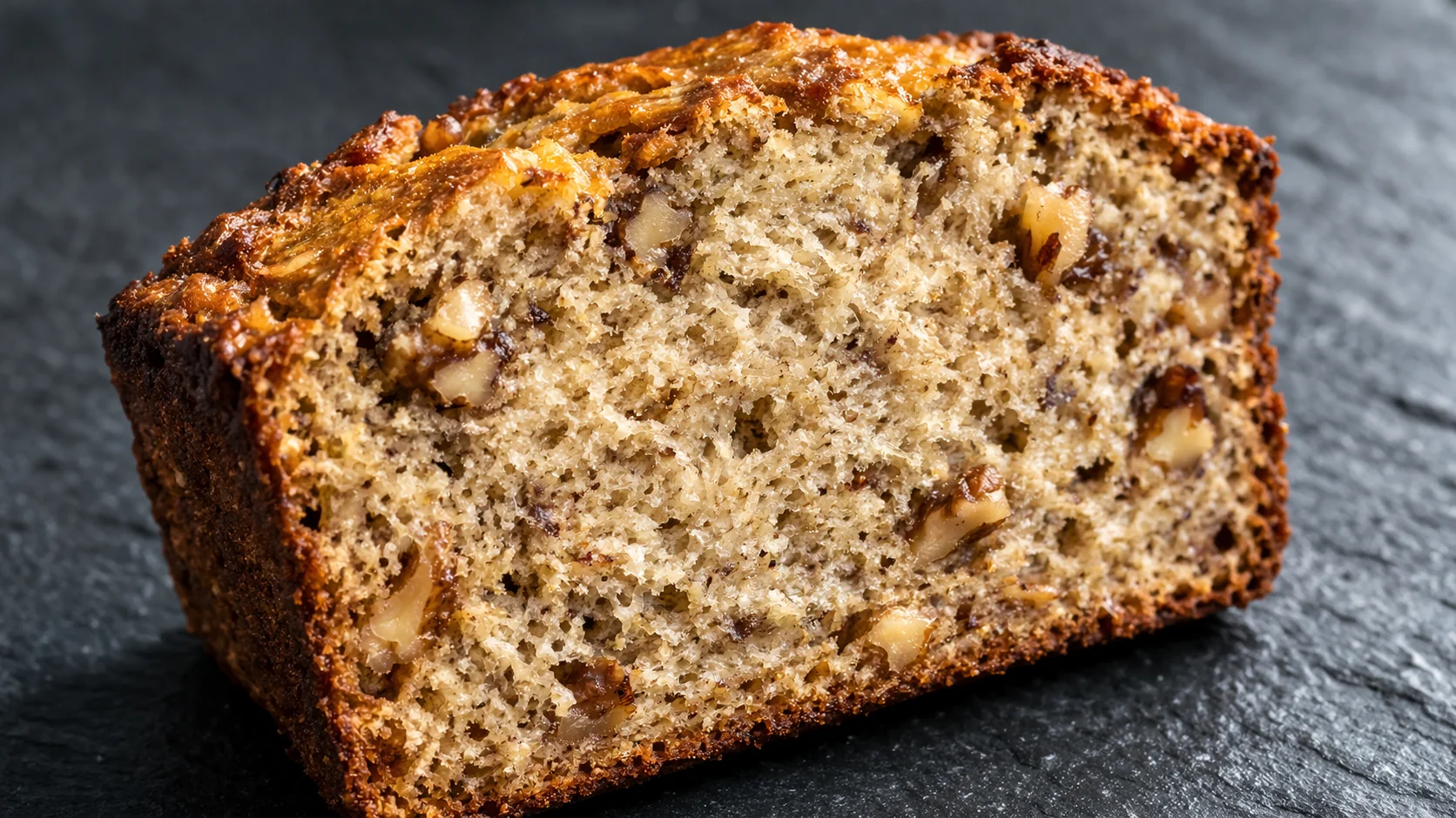 Gros plan sur une tranche épaisse de banana bread protéiné posée sur fond ardoise, texture moelleuse et dorée avec éclats de noix visibles