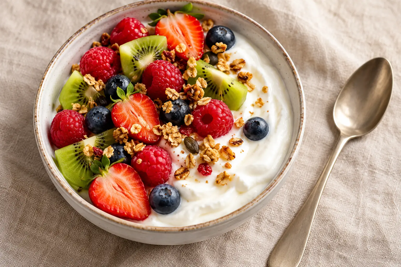 Bowl fromage blanc fruits frais avec une cuillère plongeant dans la préparation