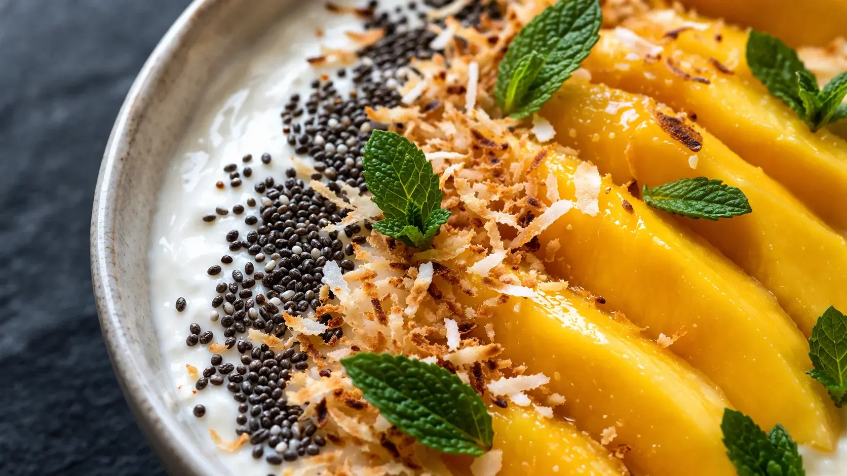 Gros plan sur les tranches de mangue dorée et les toppings du bowl protéiné, graines de chia noires et noix de coco râpée blanche sur yaourt crémeux, fond ardoise sombre