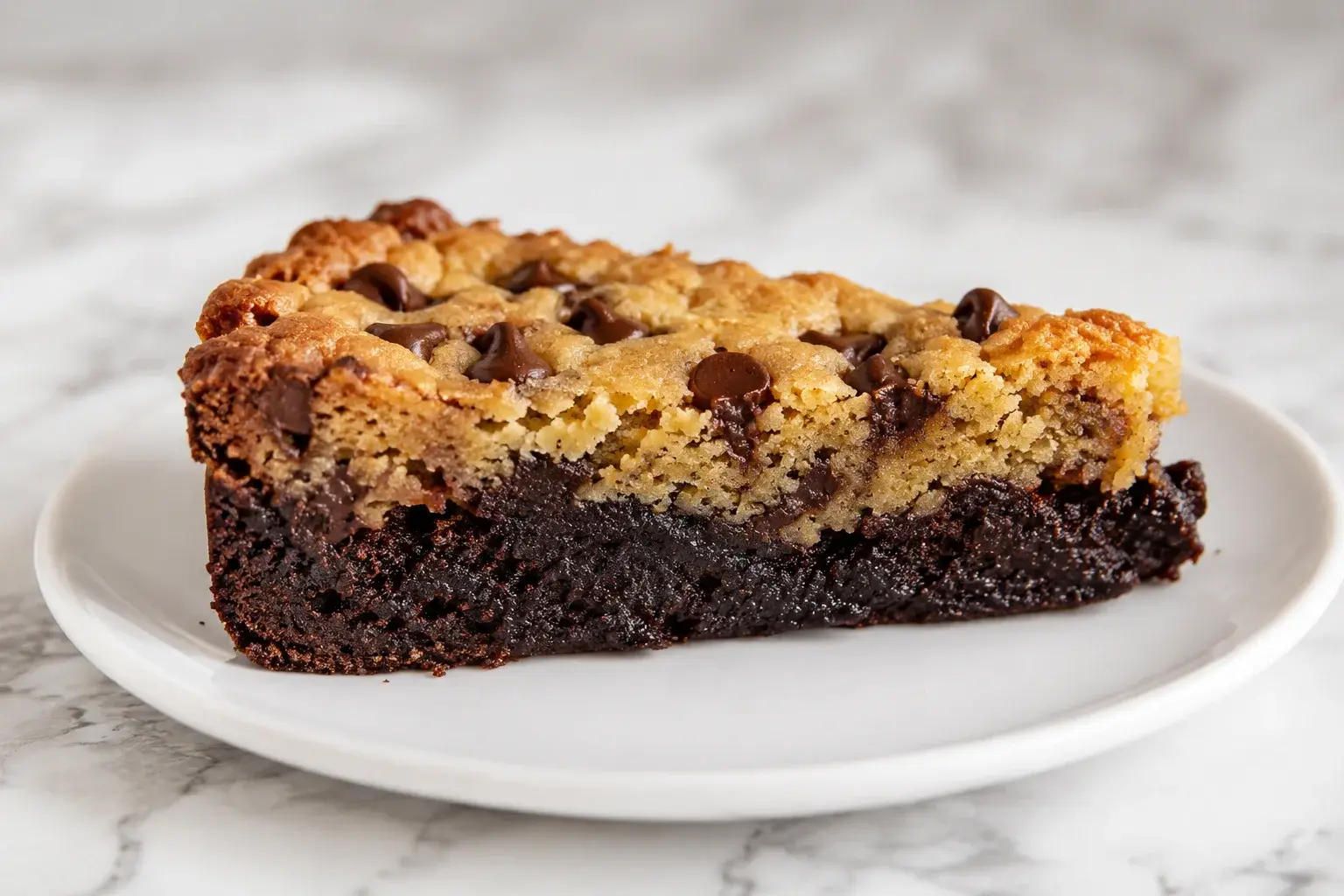 Part de brookie protéiné chocolat vue de profil montrant les deux couches brownie et cookie