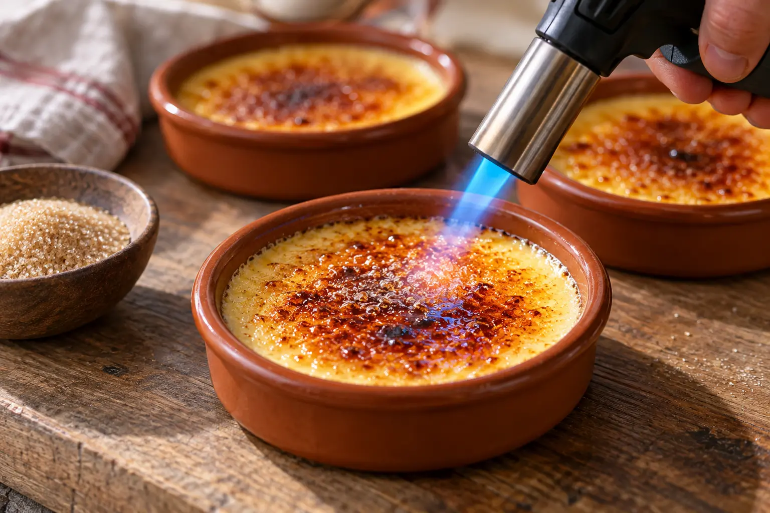 Chalumeau de cuisine caramélisant la surface d'une crème catalane dans un ramequin