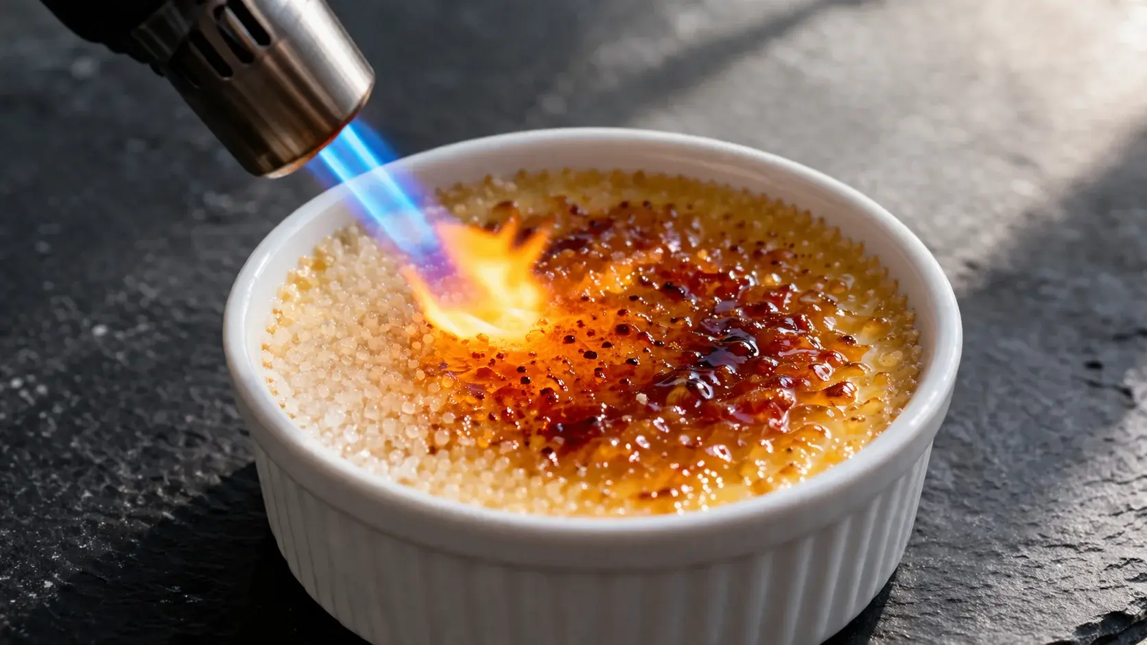 Chalumeau de cuisine en action caramélisant le sucre d'une crème brûlée, flamme bleue-orange sur le sucre en train de fondre et dorer, reflets ambrés du caramel en formation, fond ardoise sombre