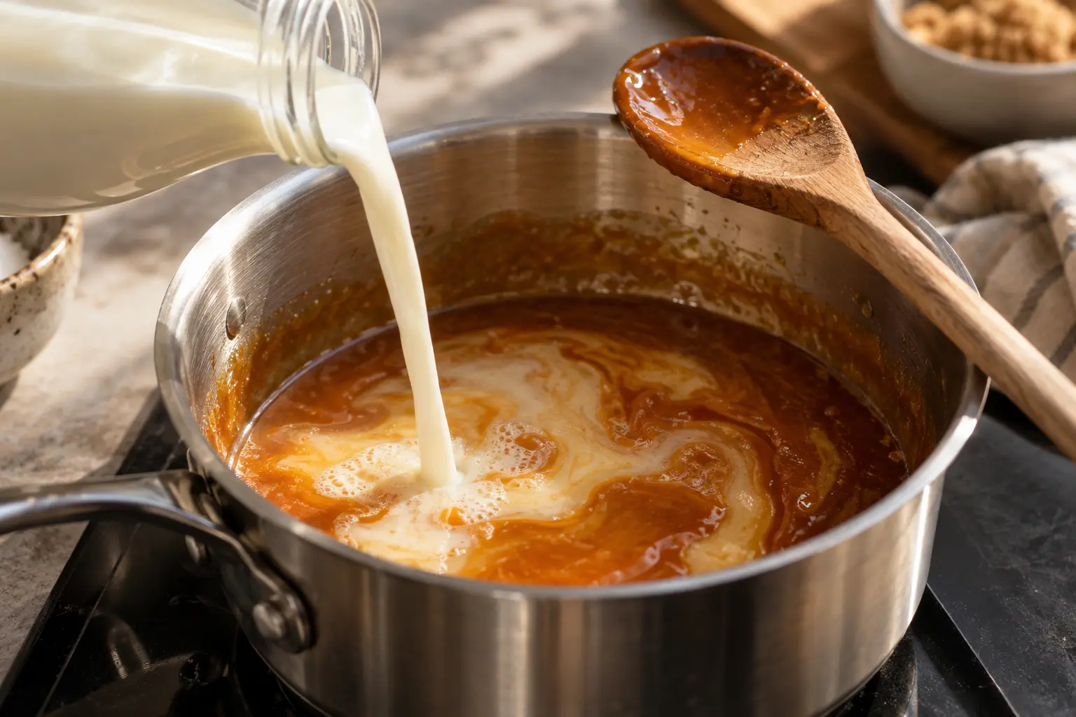 Lait versé sur le caramel dans la casserole avec une cuillère en bois qui mélange