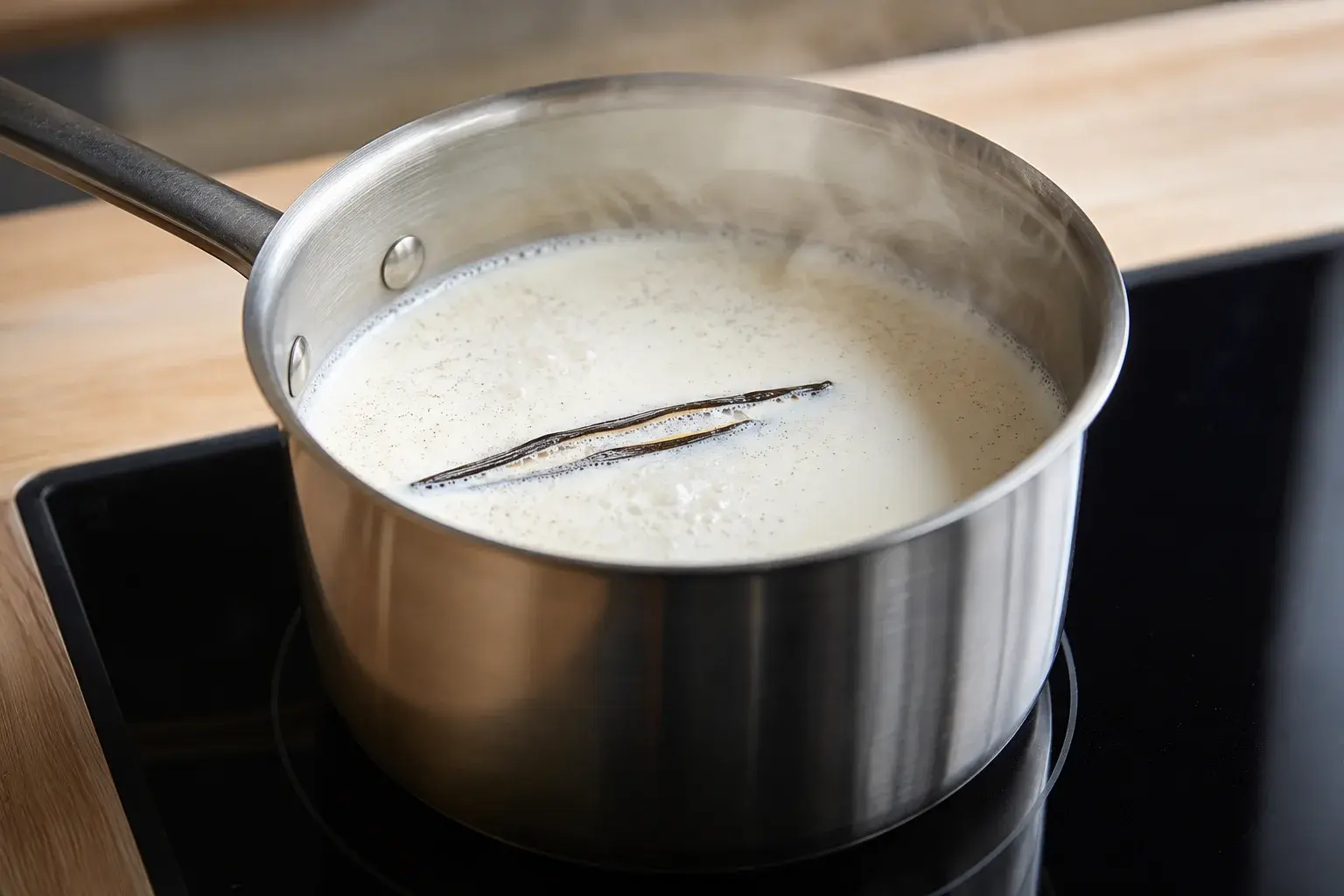 Lait frémissant dans une casserole avec une gousse de vanille fendue
