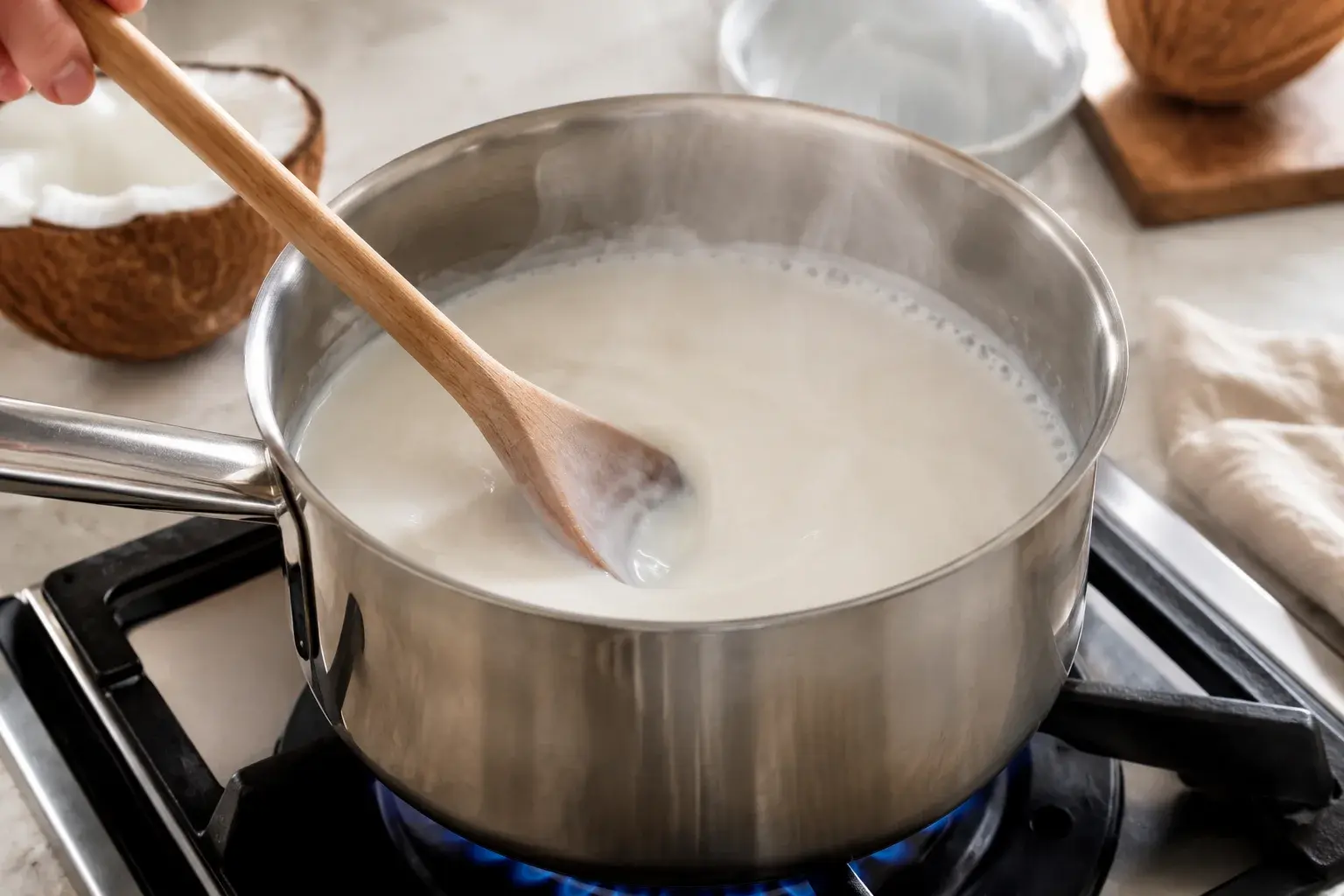 Mélange de lait de coco et lait écrémé chauffé dans une casserole avec une cuillère en bois