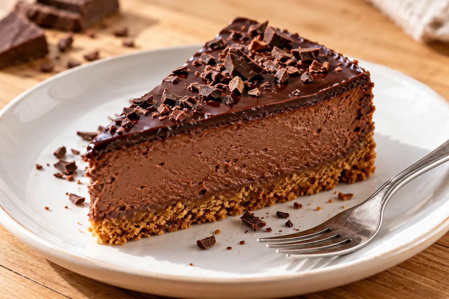 Part de cheesecake chocolat noir protéiné sur assiette blanche