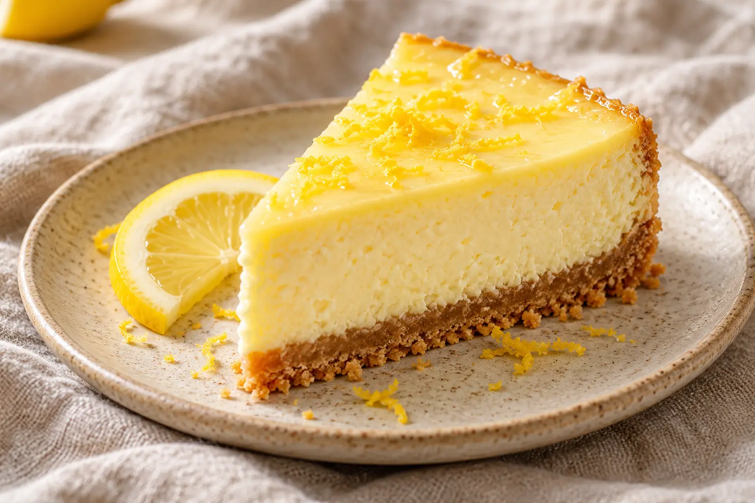 Part de cheesecake au citron protéiné sur une assiette avec une tranche de citron