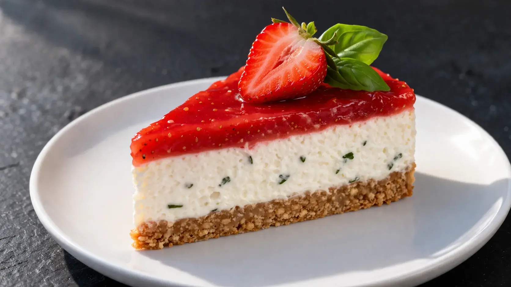 Gros plan sur une part de cheesecake fraises-basilic protéiné révélant les couches nettes, base biscuitée compacte, crème blanche et coulis de fraises rouge vif, fond ardoise sombre