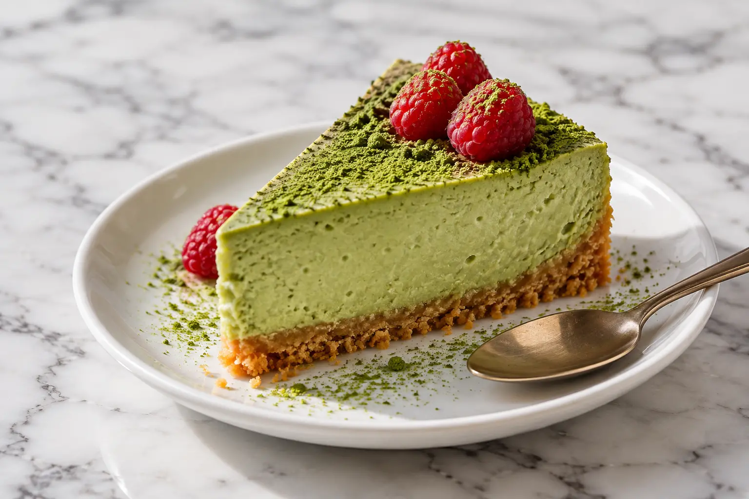 Part de cheesecake matcha protéiné sur une assiette blanche, garnie de poudre de matcha