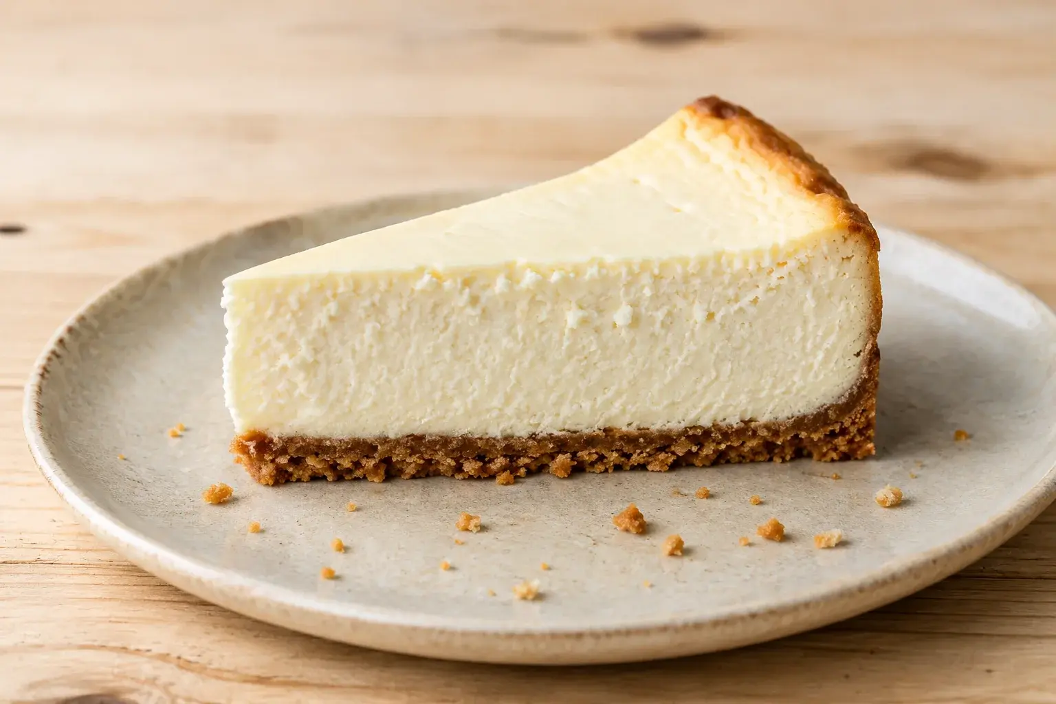 Part de cheesecake new-yorkais allégé sur une assiette, vue de profil montrant les couches
