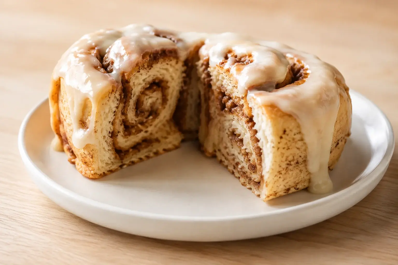 Cinnamon roll protéiné coupé en deux montrant les couches de cannelle à l'intérieur