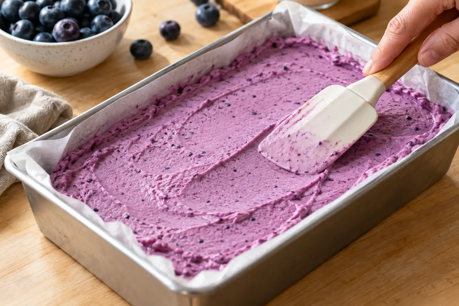 Frozen yogurt myrtille versé dans un récipient avant congélation