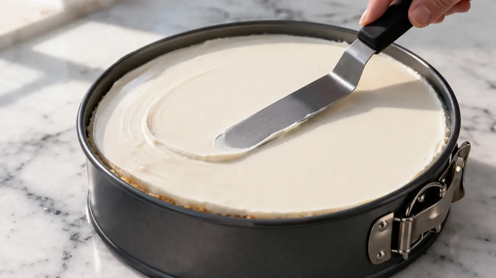 Spatule coudée lissant la crème cheesecake blanche crémeuse sur la base biscuitée dans le moule à charnière, surface parfaitement plane en cours de réalisation, plan de travail en marbre blanc