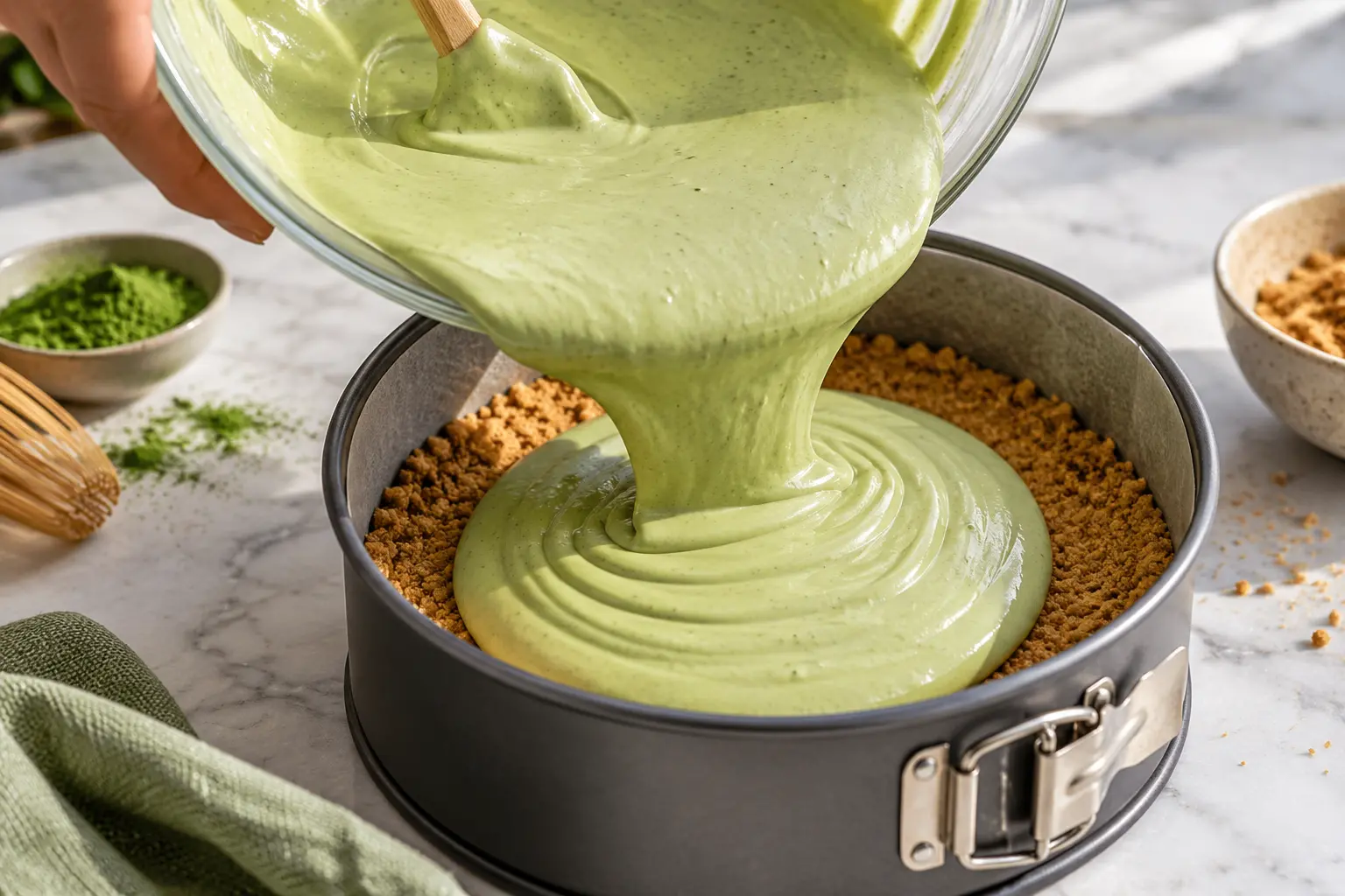 Crème matcha verte versée sur la base biscuitée dans le moule à charnière
