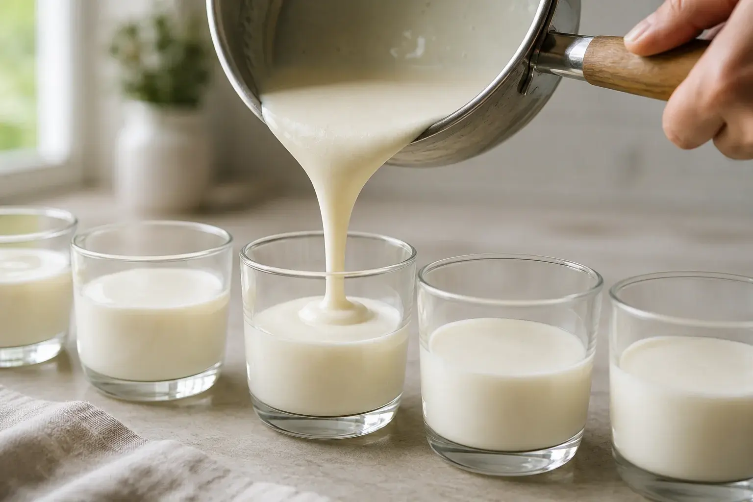 Mélange de panna cotta versé dans des verrines en verre alignées