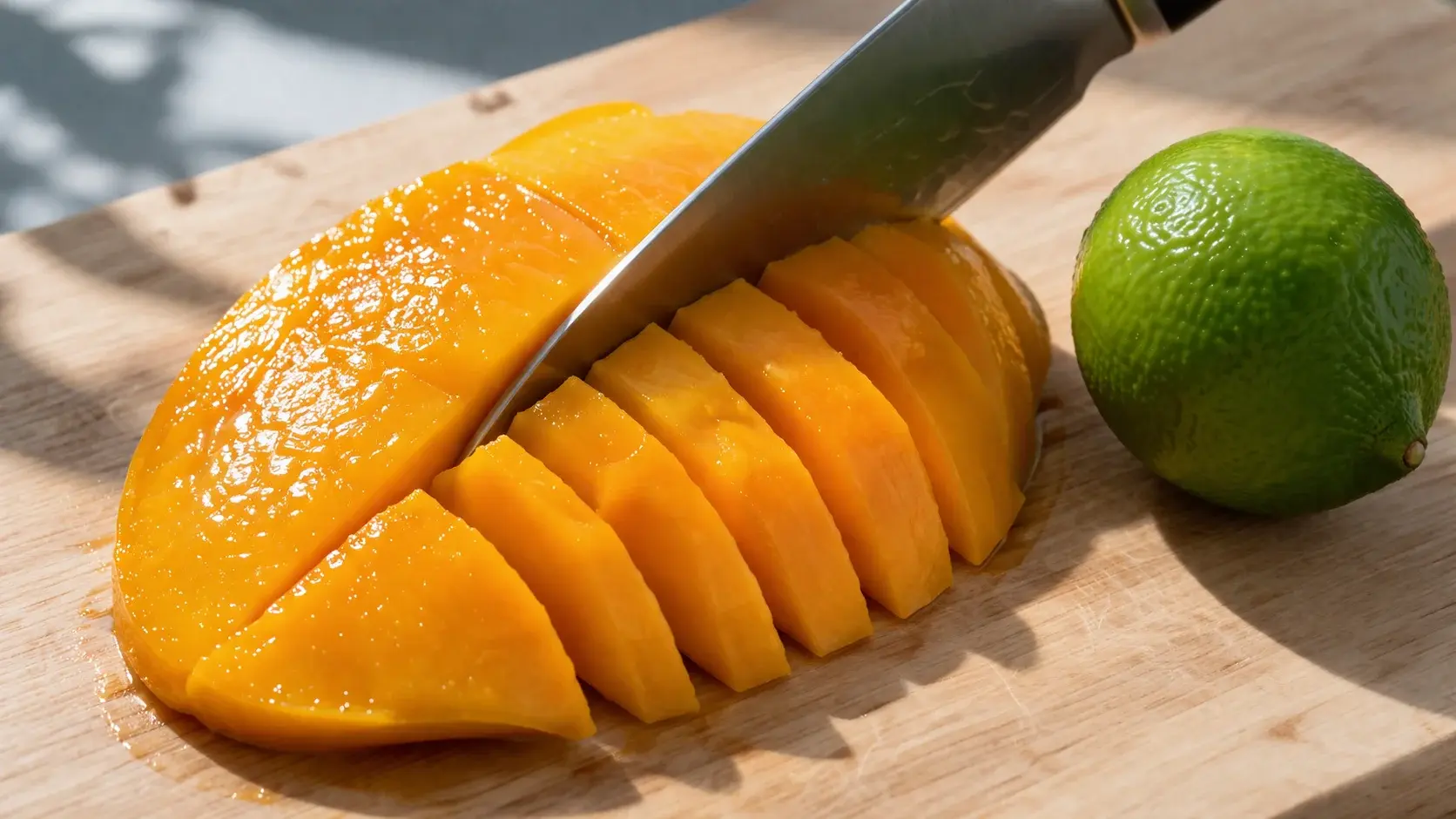 Couteau découpant des tranches régulières dans une joue de mangue dorée et orangée sur une planche en bois clair, chair de mangue juteuse et brillante visible, citron vert à côté