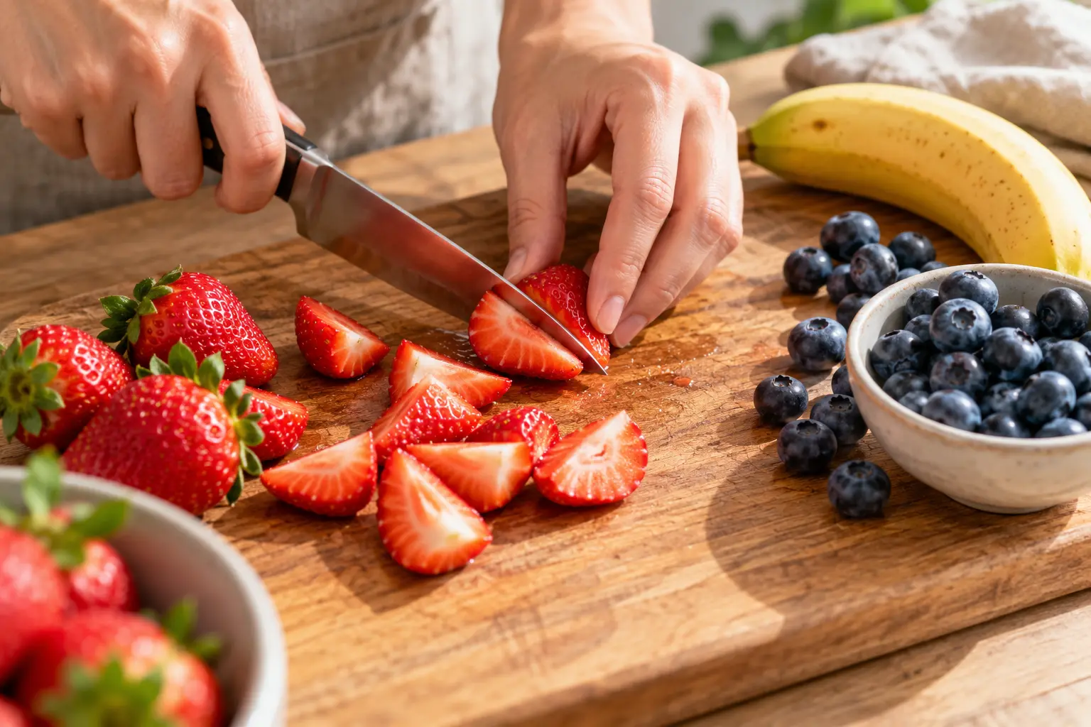 Mains qui coupent des fraises en quartiers sur une planche à découper en bois
