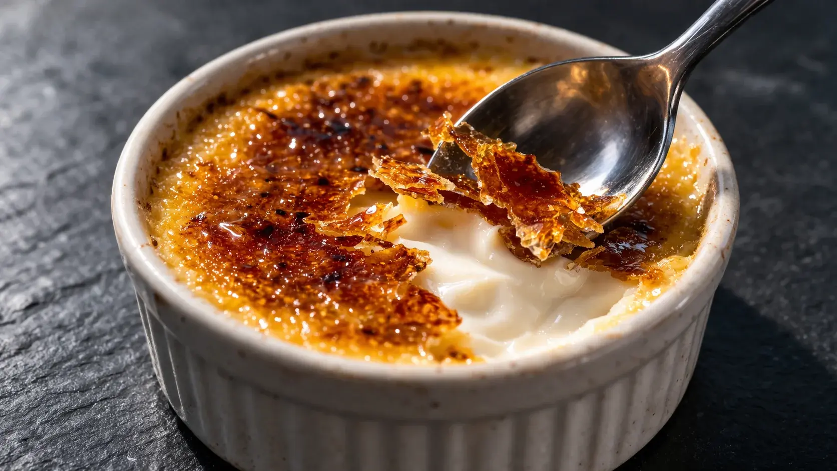 Gros plan sur une cuillère cassant la croûte caramélisée dorée d'une crème brûlée protéinée, crème soyeuse crémeuse visible en dessous, fond ardoise sombre