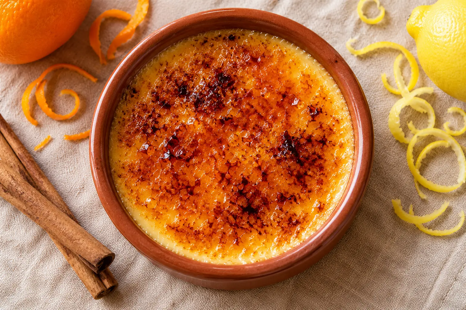 Crème catalane protéinée vue de dessus avec zestes de citron et bâton de cannelle
