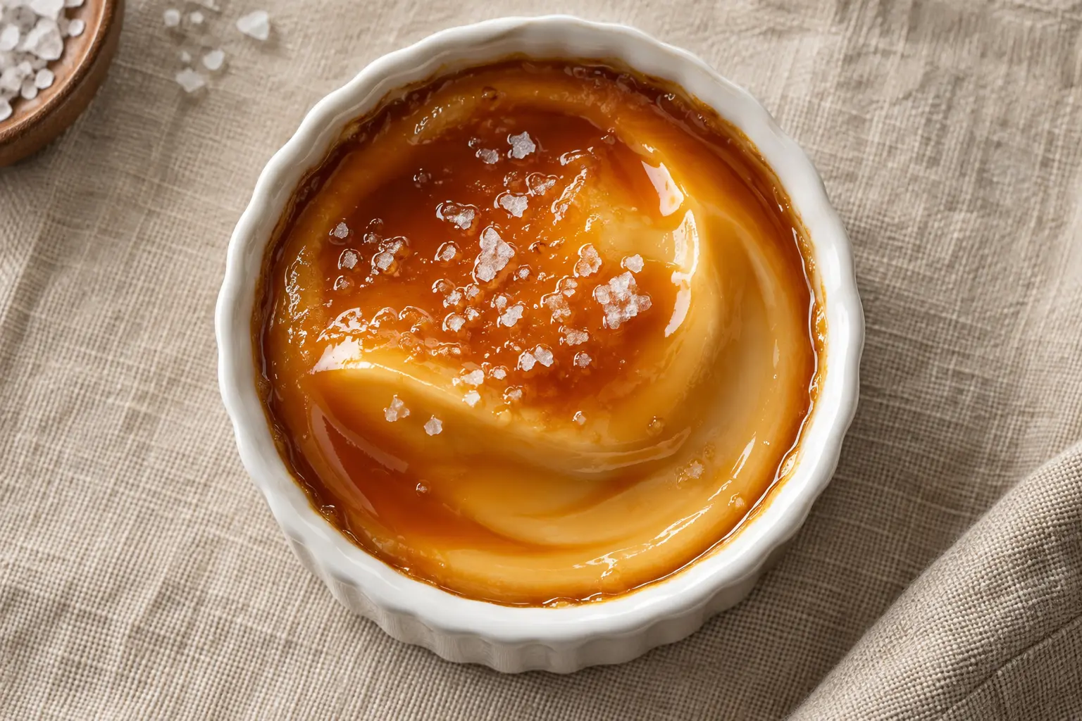 Vue rapprochée de la crème dessert caramel protéinée avec texture onctueuse visible