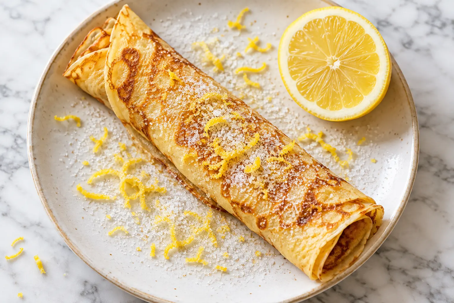 Gros plan sur une crêpe citron-sucre protéinée roulée avec zeste de citron râpé visible en surface