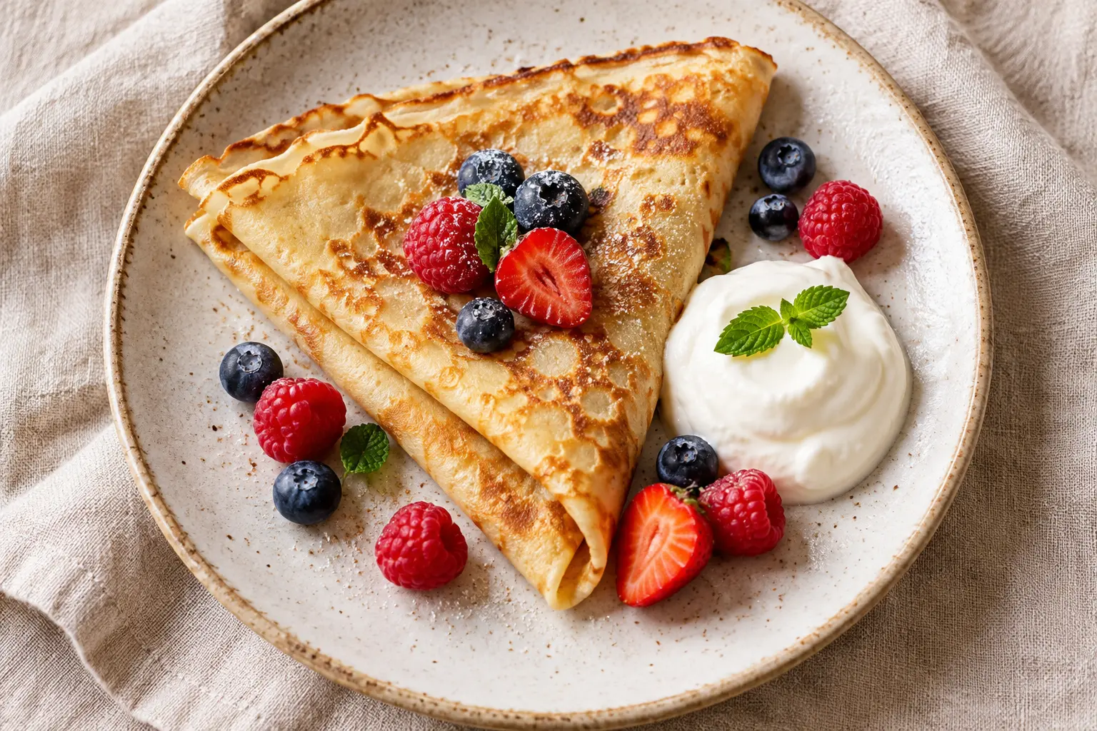 Crêpe légère au fromage blanc pliée en quatre avec un filet de miel et des myrtilles