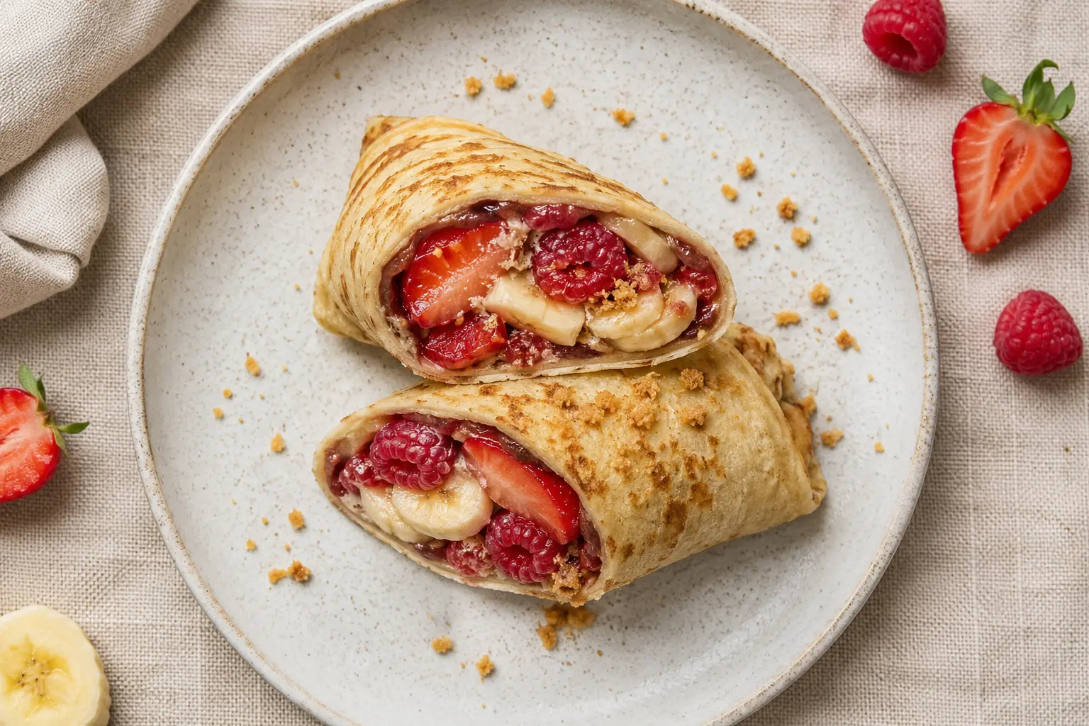 Gros plan sur une crêpe protéinée roulée avec des morceaux de fraises et framboises