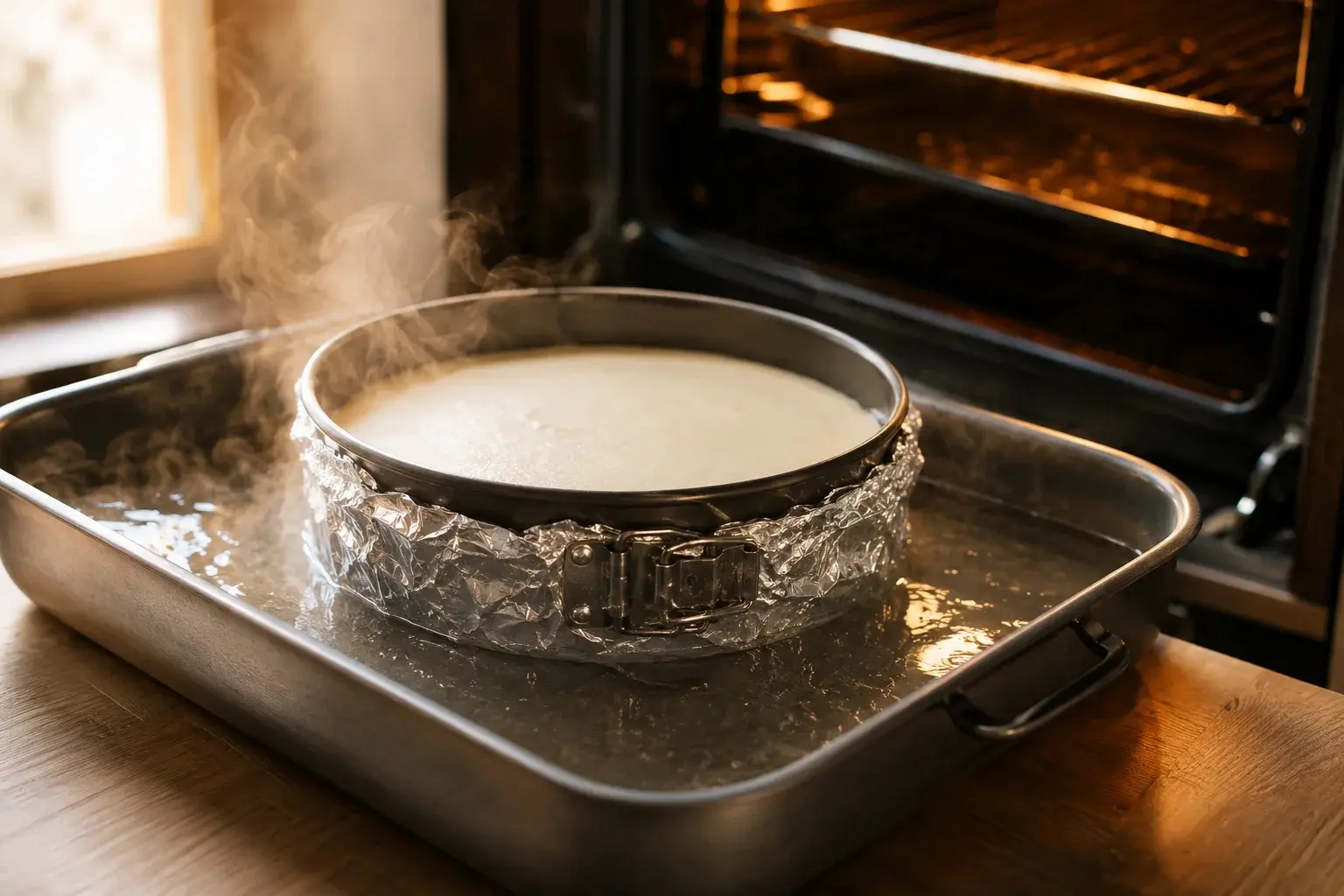 Moule à charnière enveloppé d'aluminium placé dans un bain-marie au four