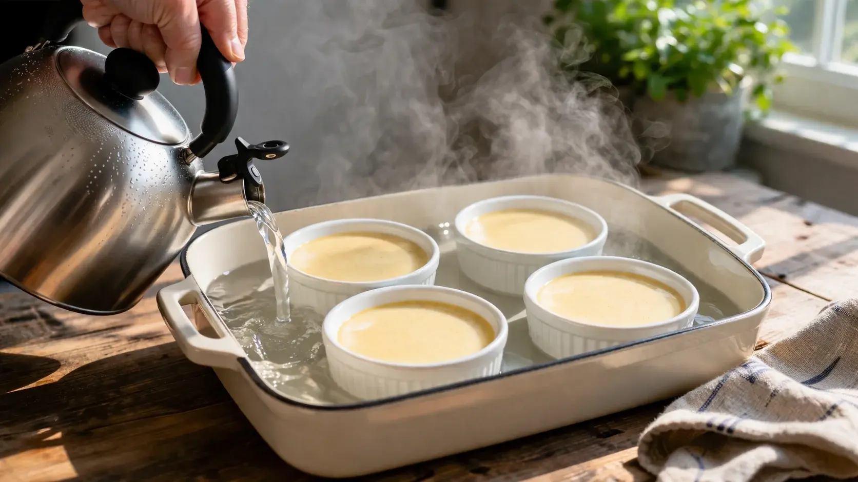 Quatre ramequins blancs remplis de l'appareil crémeux dans un grand plat à four rempli d'eau bouillante au bain-marie, en cours de cuisson au four, surface encore légèrement tremblotante