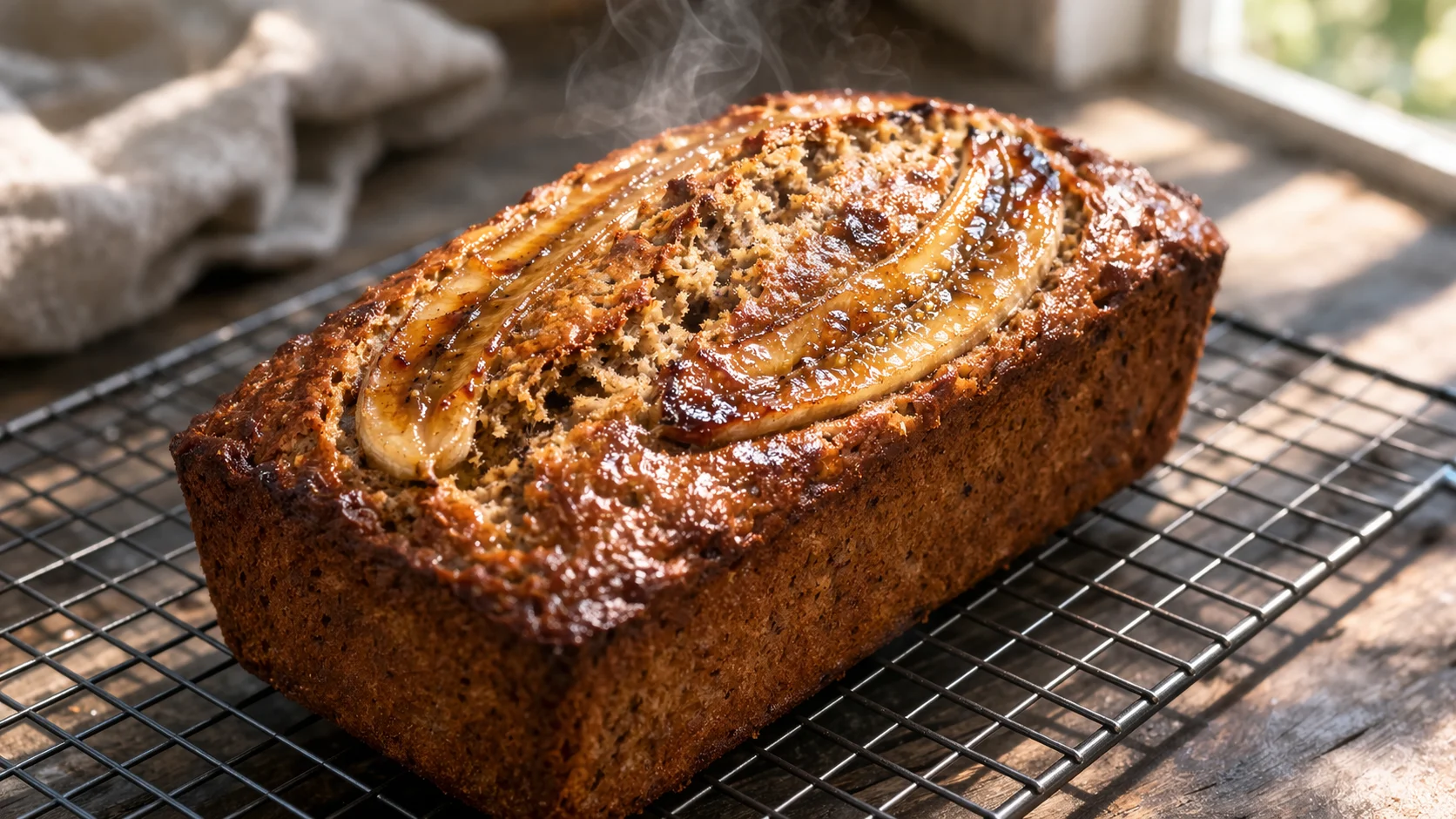 Banana bread protéiné sorti du four, surface dorée et craquelée avec les demi-bananes caramélisées sur le dessus, posé sur une grille de refroidissement