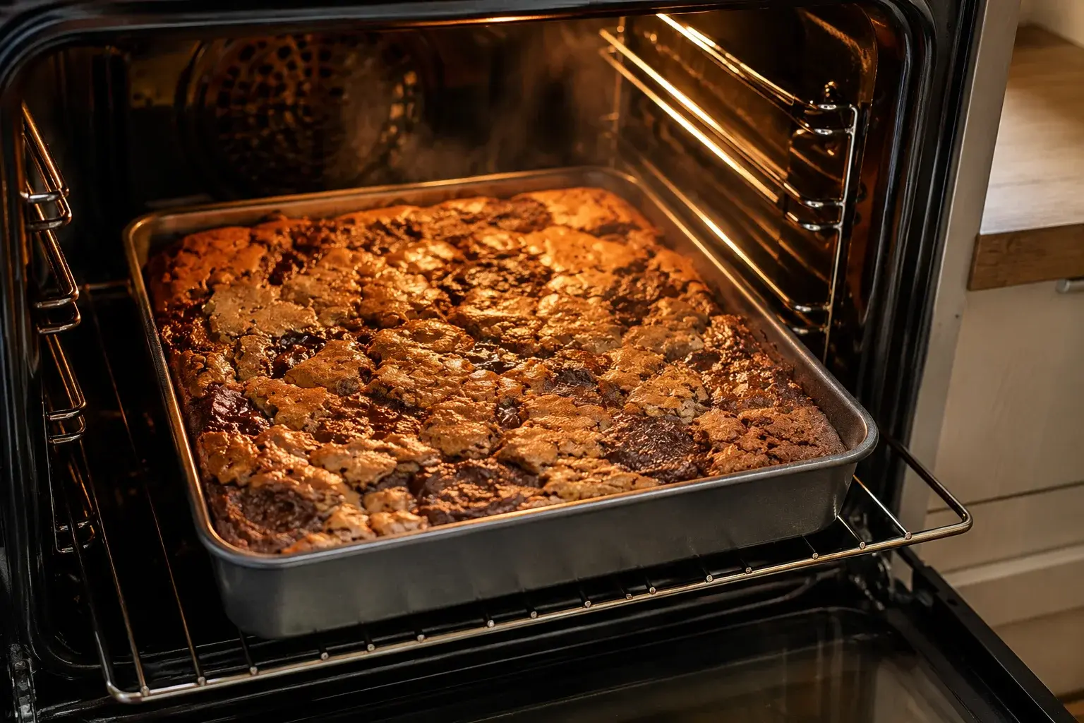 Brookie protéiné chocolat en train de cuire dans le four, dessus doré et craquelé