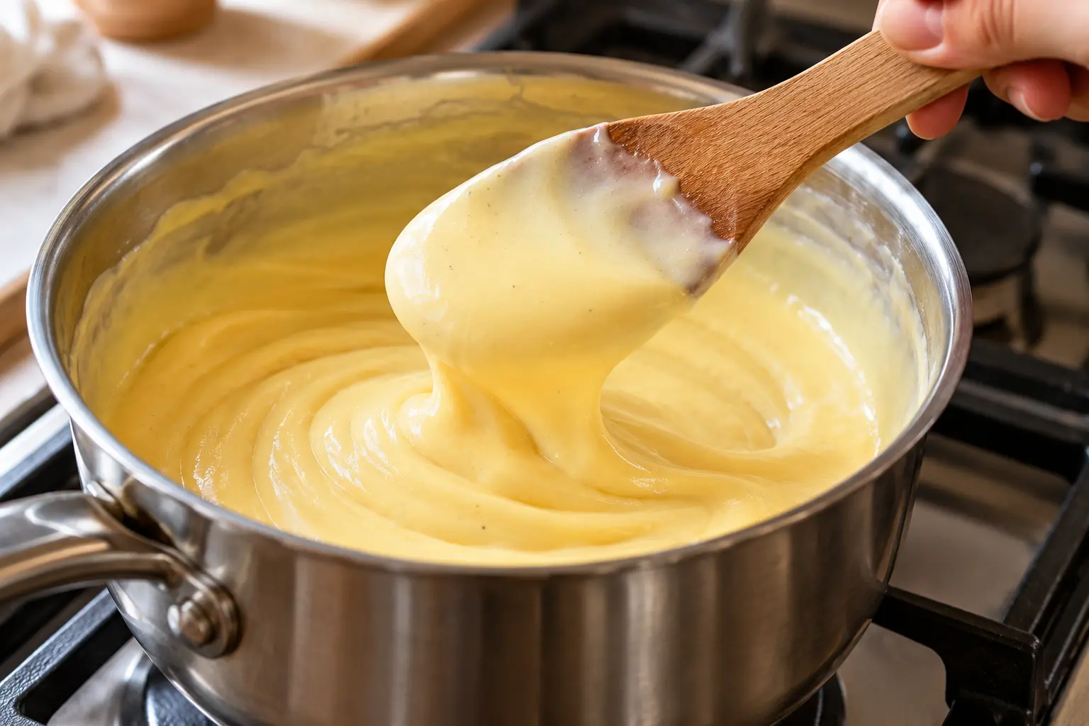 Crème catalane en train d'épaissir dans une casserole, spatule nappée de crème